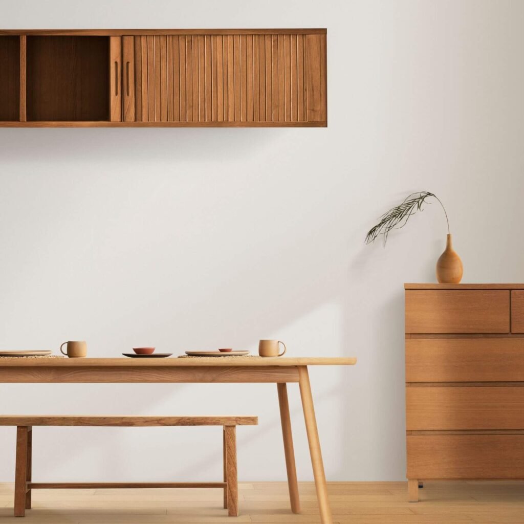 Wooden furniture in minimal dining room interior d ue4zhle