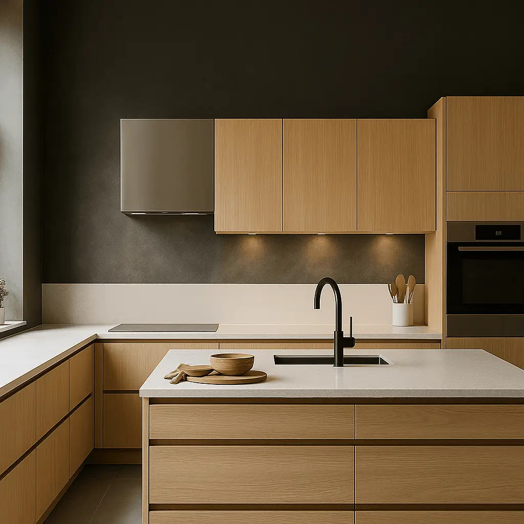 Cuisine moderne sur mesure dans le Val-d’Oise avec îlot central en bois clair, plan de travail en quartz blanc et robinet noir mat, réalisée par Harmonie Agencement.